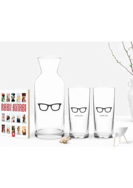 Kişiye Özel Renkli Baskılı Isimli Ikili Rakı Bardağı Karaf ve Cep Kitabı Hediye SETI-129