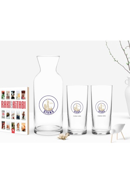 Kişiye Özel Renkli Baskılı Sivas Tasarımlı Turistik Ikili Rakı Bardağı Karaf ve Cep Kitabı Hediye Seti-1