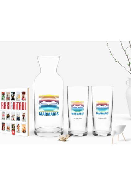 Kişiye Özel Renkli Baskılı Marmaris Tasarımlı Turistik Ikili Rakı Bardağı Karaf ve Cep Kitabı Hediye Seti-1