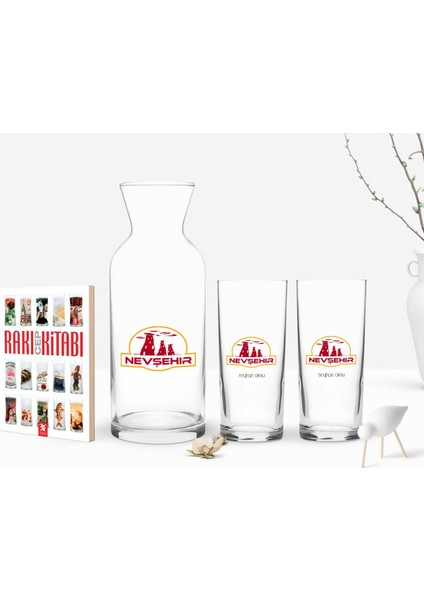 Kişiye Özel Renkli Baskılı Nevşehir Tasarımlı Turistik Ikili Rakı Bardağı Karaf ve Cep Kitabı Hediye Seti-1