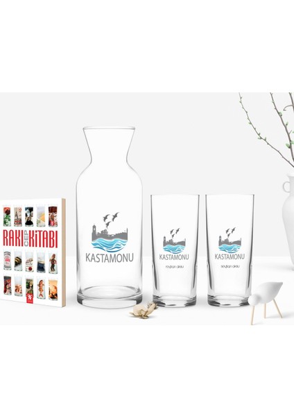 Kişiye Özel Renkli Baskılı Kastamonu Tasarımlı Turistik Ikili Rakı Bardağı Karaf ve Cep Kitabı Hediye Seti-1