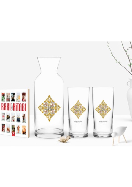 Kişiye Özel Renkli Baskılı Isimli Ikili Rakı Bardağı Karaf ve Cep Kitabı Hediye SETI-109