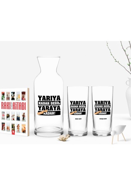 Kişiye Özel Renkli Baskılı Yarıya Kadar Değil Yaraya Kadar Tasarımlı Ikili Rakı Bardağı Karaf ve Cep Kitabı Hediye Seti-2