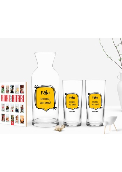 Kişiye Özel Renkli Baskılı Haydi Abbas Vakit Tamam Tasarımlı Ikili Rakı Bardağı Karaf ve Cep Kitabı Hediye Seti-1