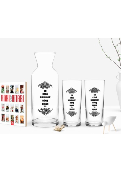 Kişiye Özel Renkli Baskılı En Kötü Günümüz Böyle Olsun Tasarımlı Ikili Rakı Bardağı Karaf ve Cep Kitabı Hediye Seti-2