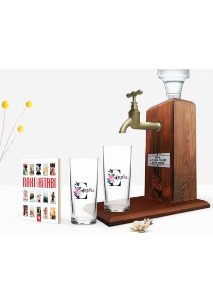 Kişiye Özel Renkli Baskılı Harfli Ikili Rakı Bardağı Ahşap Rakı Standı ve Cep Kitabı Hediye Seti-1