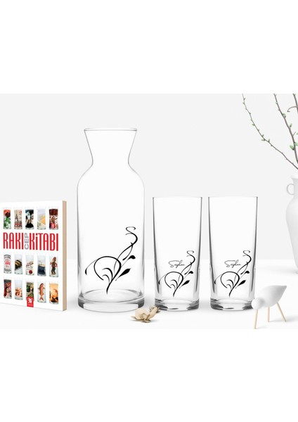 Kişiye Özel Renkli Baskılı Isimli Ikili Rakı Bardağı Karaf ve Cep Kitabı Hediye SETI-122