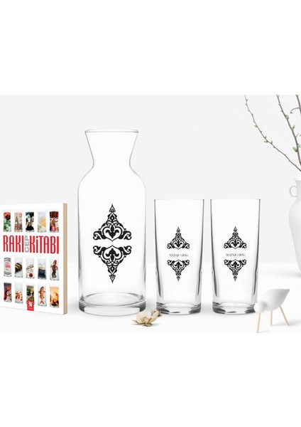 Kişiye Özel Renkli Baskılı Isimli Ikili Rakı Bardağı Karaf ve Cep Kitabı Hediye SETI-110