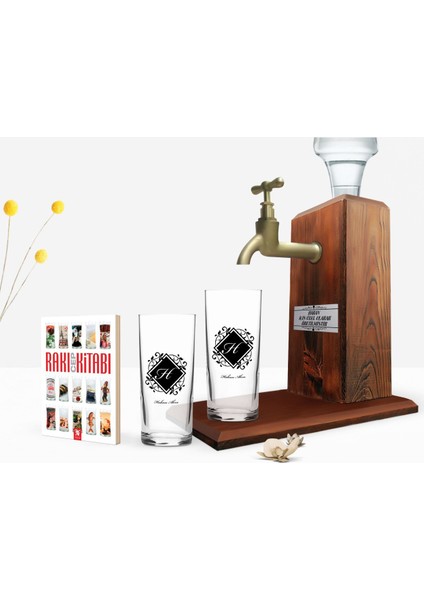 Kişiye Özel Renkli Baskılı Baş Harf Isim Tasarımlı Ikili Rakı Bardağı Ahşap Rakı Standı ve Cep Kitabı Hediye Seti-10