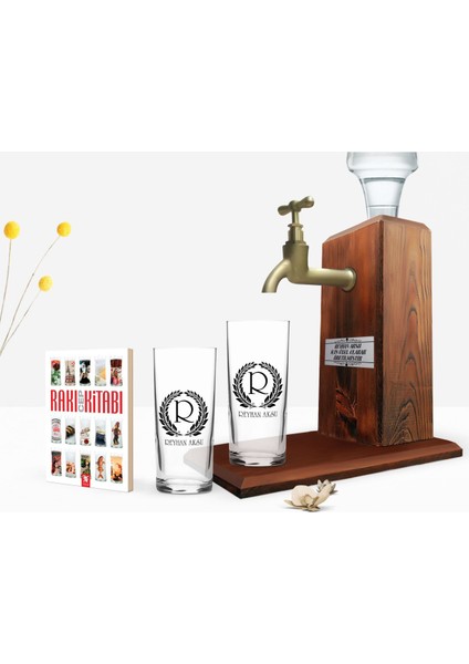 Kişiye Özel Renkli Baskılı Çelenk Baş Harfli Isimli Tasarımlı Ikili Rakı Bardağı Ahşap Rakı Standı ve Cep Kitabı Hediye Seti-6