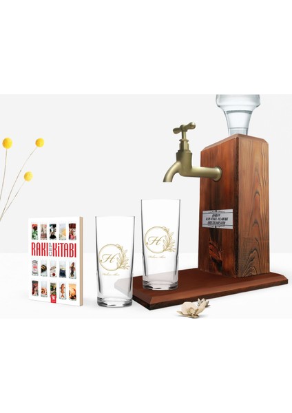 Kişiye Özel Renkli Baskılı Baş Harf Isim Tasarımlı Ikili Rakı Bardağı Ahşap Rakı Standı ve Cep Kitabı Hediye Seti-8