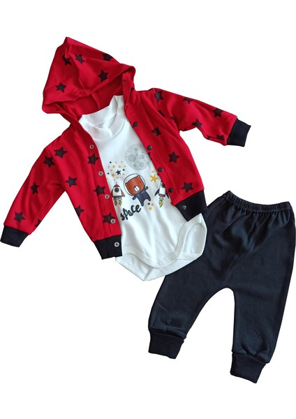 Yıldız Baskılı Kapüşonlu Ceketli Erkek Bebek 3 Parça TAKIM-KIRMIZI-213428
