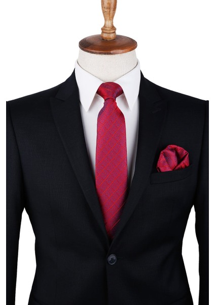 Kırmızı Çizgi Desen Mendilli Klasik Kravat KK9936 modelleri