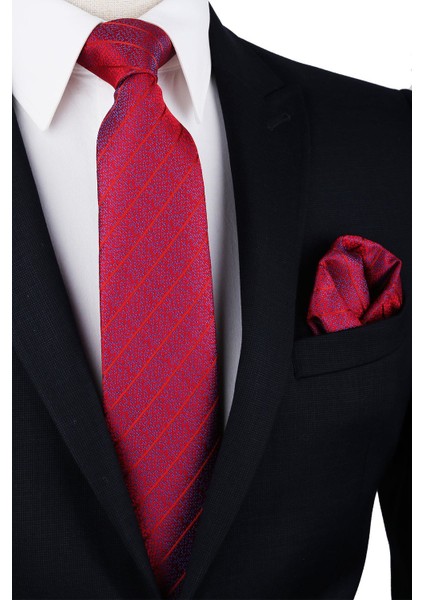 Kırmızı Çizgi Desen Mendilli Klasik Kravat KK9936 fırsatları