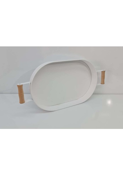 Ahşap Kulplu Kalın Galveniz Metal Yapım Oval Tepsi 36 cm Beyaz