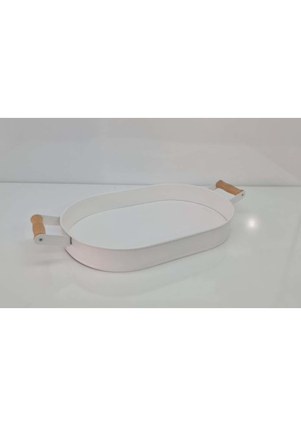Ahşap Kulplu Kalın Galveniz Metal Yapım Oval Tepsi 36 cm Beyaz modelleri