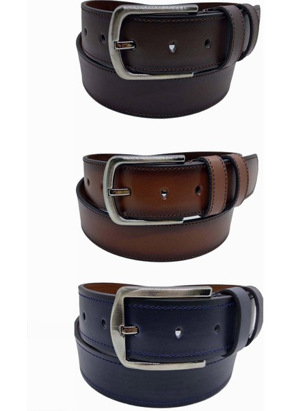 Erkek Deri Kemer 3'lü Lacivert Taba Kahverengi Dikişli 4 cm