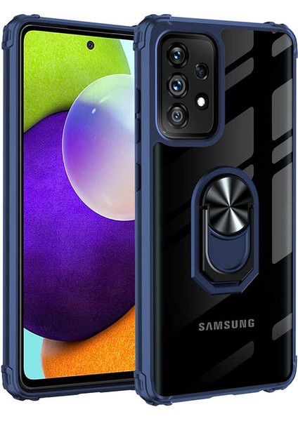 - Samsung Galaxy A72 - Kılıf Yüzüklü Arkası Şeffaf Koruyucu Mola Kapak - Lacivert
