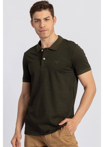Slim Fit Dar Kesim Polo Yaka Haki Erkek T-Shirt