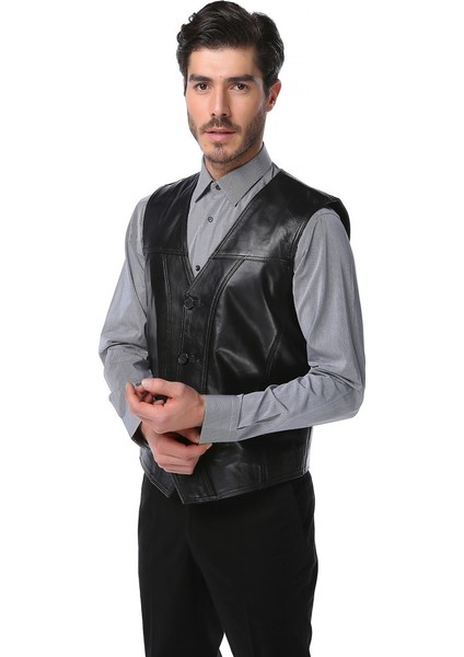 2145 Deri Yelek Erkekler İçin Modern ve Zarif Kesim Siyah Renk Seçeneği