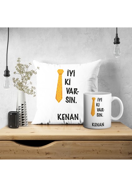 3551 Kişiye Özel İsimli Babalar Günü İyi Ki Varsın Baskılı Kupa Yastık Kılıfı Seti