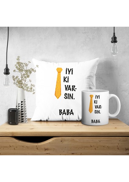 3551 Kişiye Özel İsimli Babalar Günü İyi Ki Varsın Baskılı Kupa Yastık Kılıfı Seti