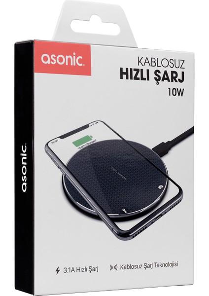 Asonic AS-W120 Hızlı 10W Masa Üstü Siyah Kablosuz Şarj Cihazı