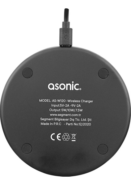 Asonic AS-W120 Hızlı 10W Masa Üstü Siyah Kablosuz Şarj Cihazı