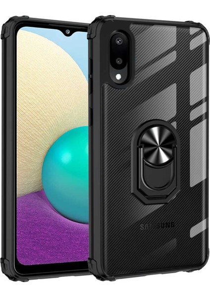 Samsung Galaxy A02 Kapak Şeffaf Yüzüklü Kenar Korumalı Standlı Kılıf - Lacivert