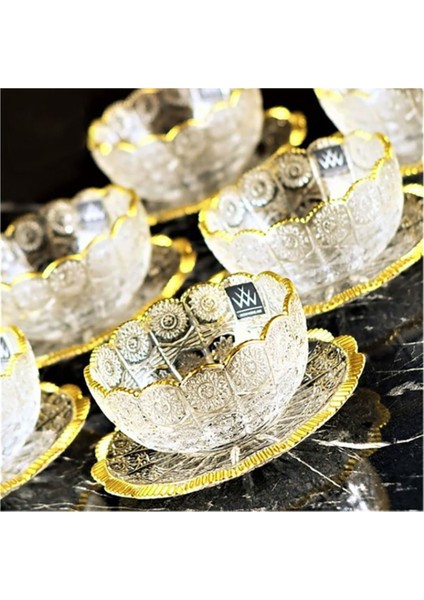 Altın Yaldızlı Cam 6'lı Tabaklı Kase Tatlı Kasesi