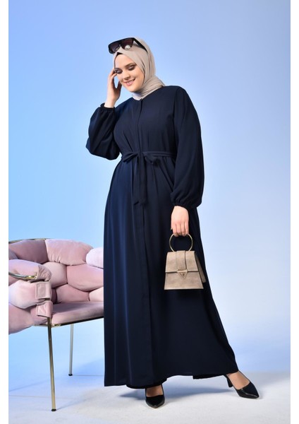 Kadin Buyuk Beden Tesettur Ferace Fermuarlı Yandan Baglamalı Kusaklı Ferace Elbise Oversize