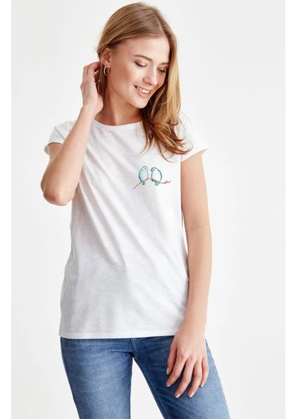 Watercolor Sparrow Blue Birds Kadın Beyaz Tshirt