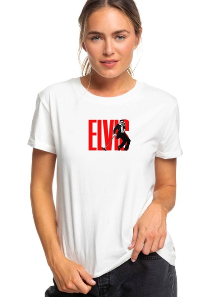 Elvis Presley The Legend Metal Rock Baskılı Beyaz Kadın Örme Tshirt