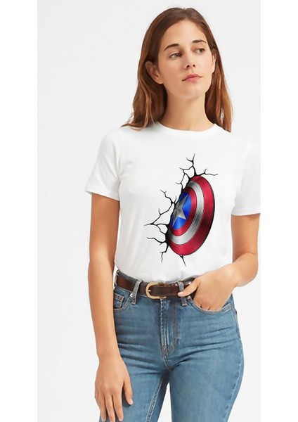 Captain America Shield Wall Baskılı Beyaz Kadın Tshirt