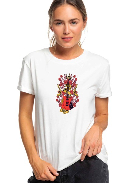 Silahlar ve Güller Logosu Gitar Baskılı Beyaz Kadın Tshirt