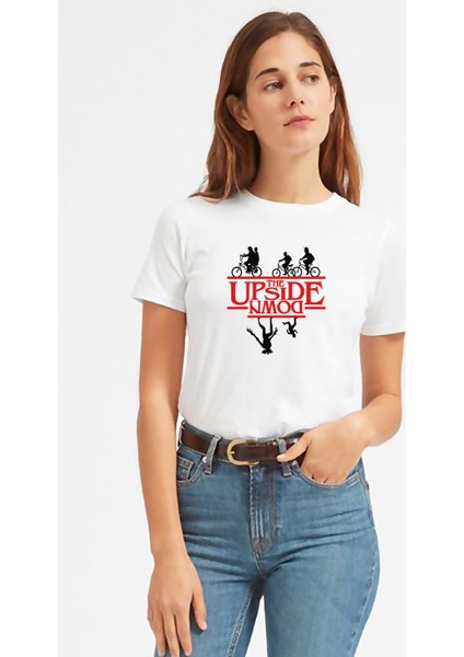 Stranger Things The Upside Down Baskılı Beyaz Kadın Tshirt