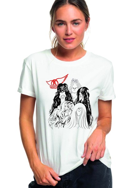 Aerosmith Hard Rock Rock And Roll Baskılı Beyaz Kadın Tshirt