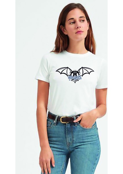 Aerosmith Hard Rock Rock And Roll Baskılı Beyaz Kadın Tshirt