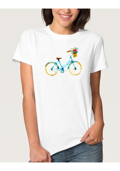 Watercolor Bicycle Kadın Beyaz Tshirt