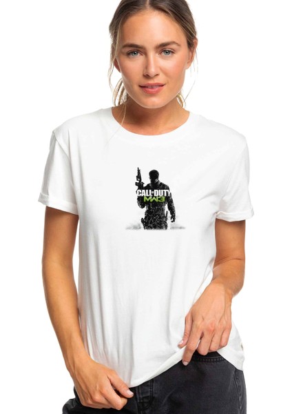 Call Of Duty Mw3 Baskılı Beyaz Kadın Örme Tshirt
