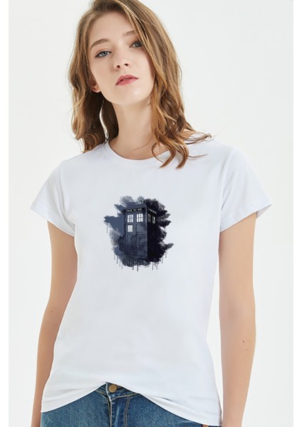 Doctor Who Flower Tumblr Baskılı Beyaz Kadın Örme Tshirt