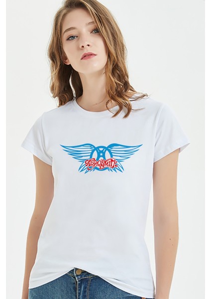 Aerosmith Hard Rock Rock And Roll Baskılı Beyaz Kadın Tshirt