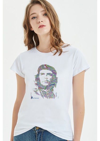 Che Guevara Diarios De Motocicleta Baskılı Beyaz Kadın Örme Tshirt
