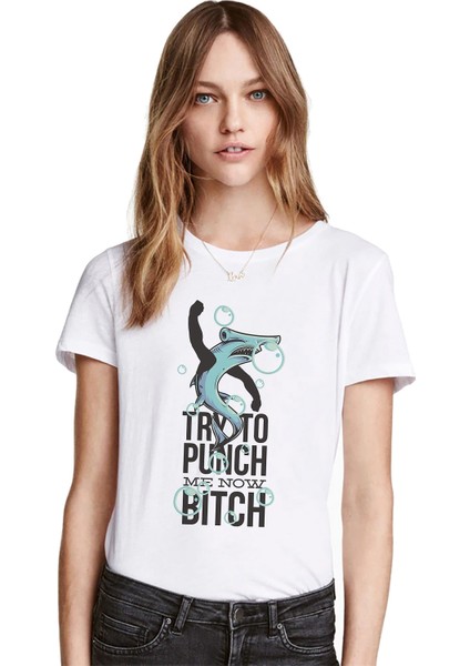 Try To Punch Baskılı Beyaz Kadın Tshirt