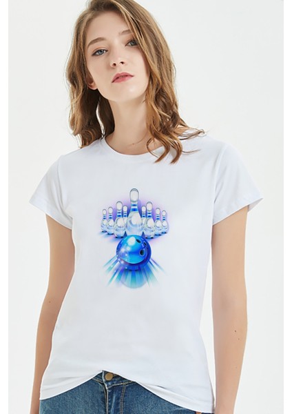 Bowling Topu Baskılı Beyaz Kadın Örme Tshirt