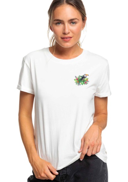 Sulu Boya American Papağanı Göğüs Baskılı Beyaz Kadın Tshirt