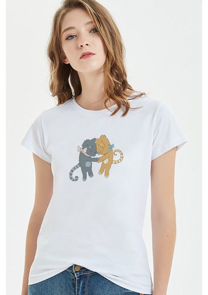 Best Friends Kediler Baskılı Beyaz Kadın Örme Tshirt
