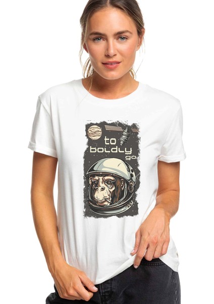 To Boldly Go Baskılı Beyaz Kadın Tshirt