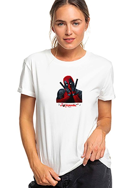 Deadpool Düşünceli Baskılı Beyaz Kadın Örme Tshirt
