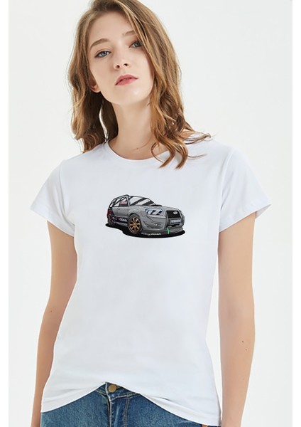 Subaru Forester Baskılı Beyaz Kadın Tshirt